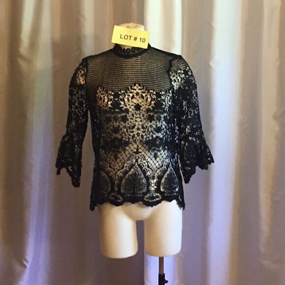 NWOT medium size crocheted black top with back gold statement zipper - Picture 2 of 10